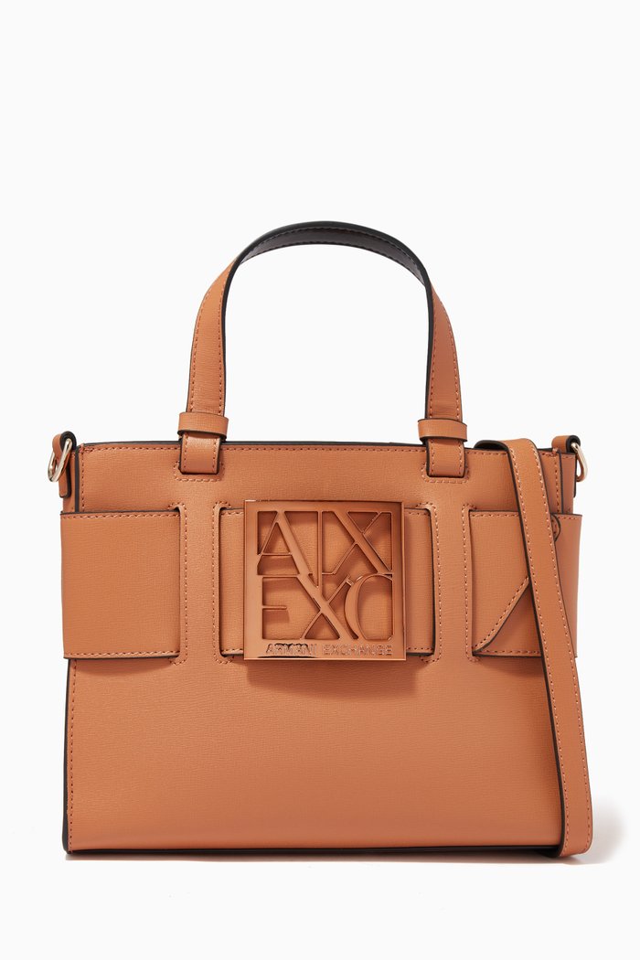 Logo Plaque Hand Bag in Faux Leather, Orange