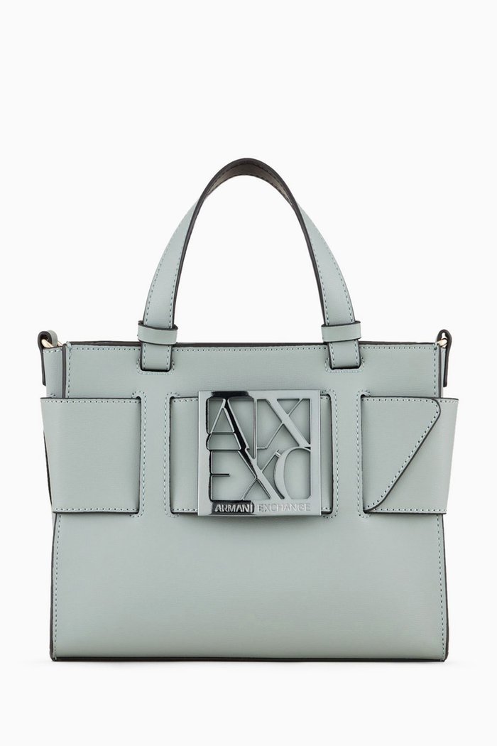 

Logo Plaque Hand Bag in Faux Leather, Green