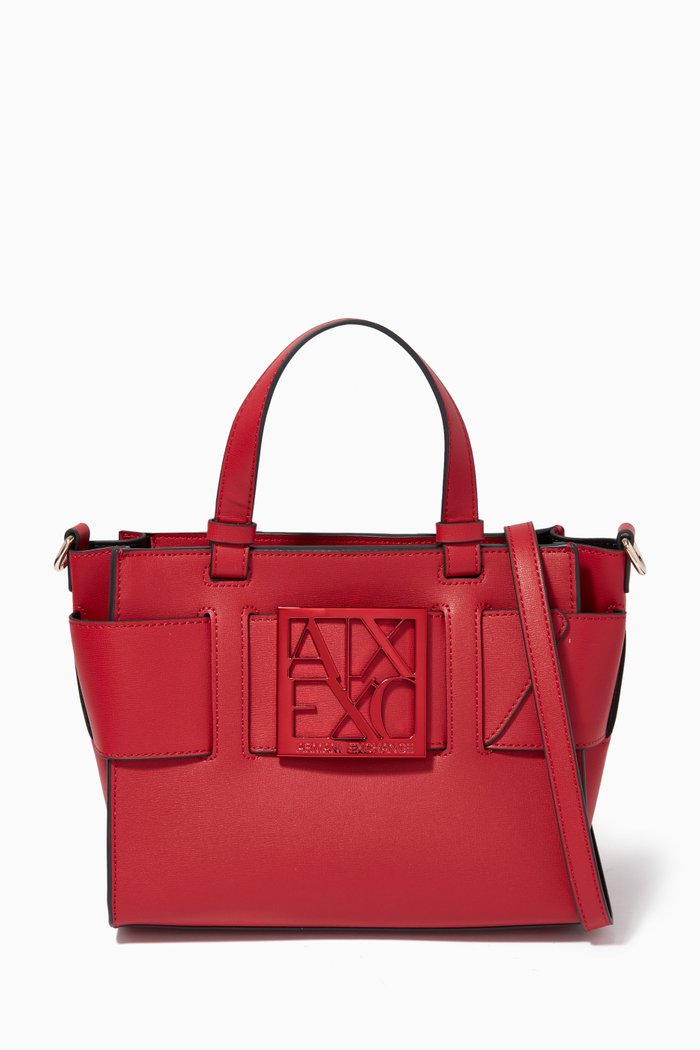 

Logo Plaque Hand Bag in Faux Leather, Red