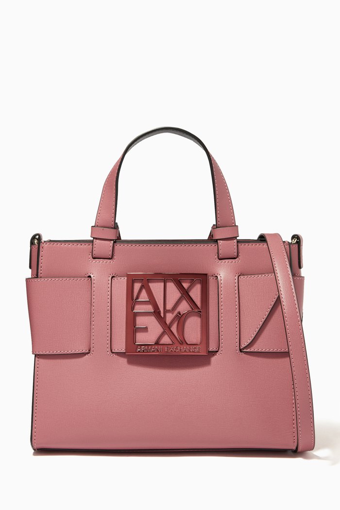 

Logo Plaque Hand Bag in Faux Leather, Red