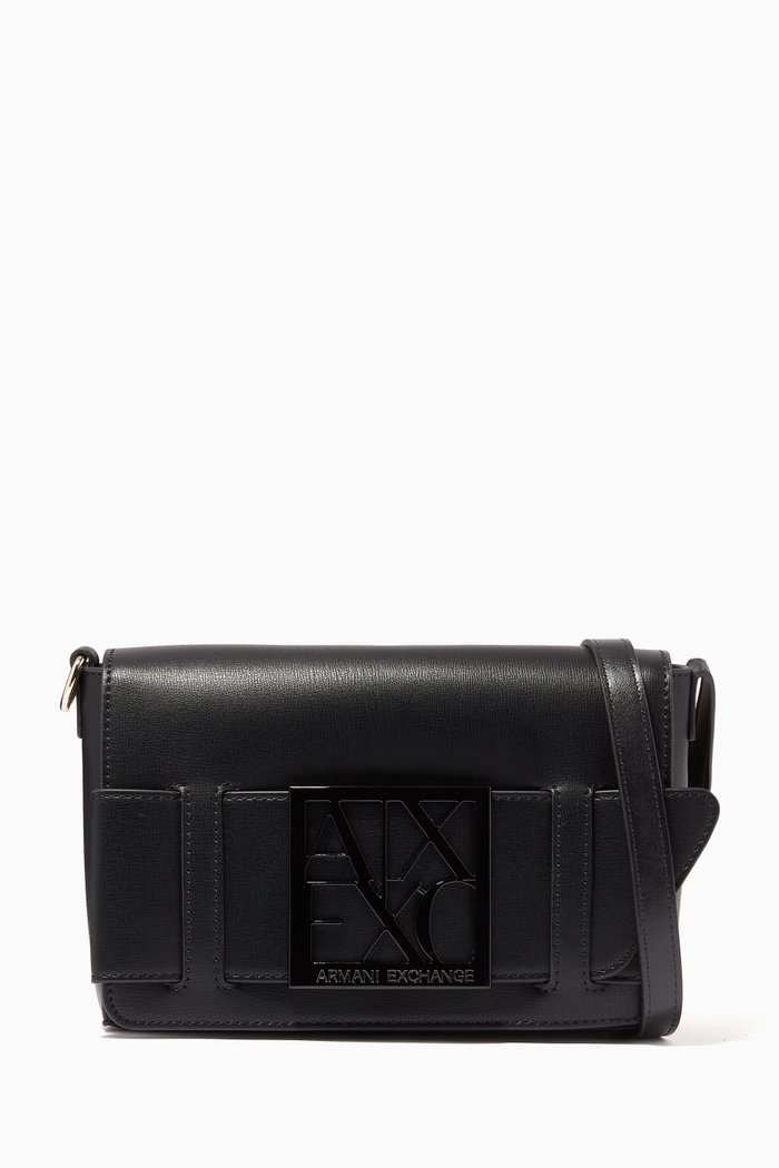 

Logo Plaque Shoulder Bag in Faux Leather, Black