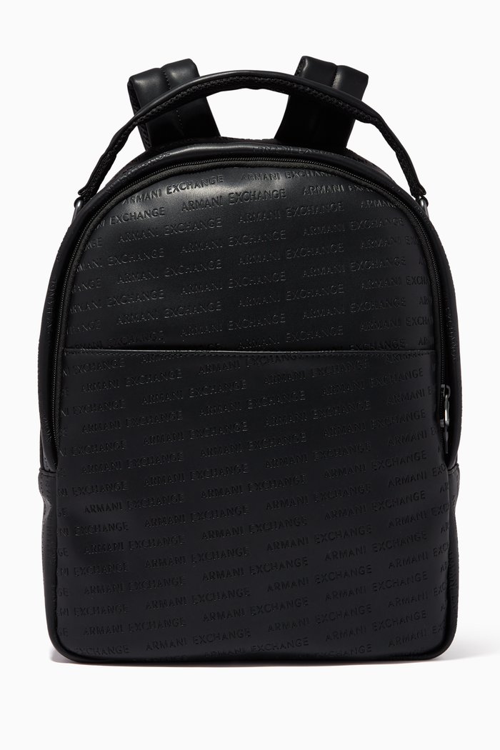 Backpack in Logo Embossed Faux Leather, Black