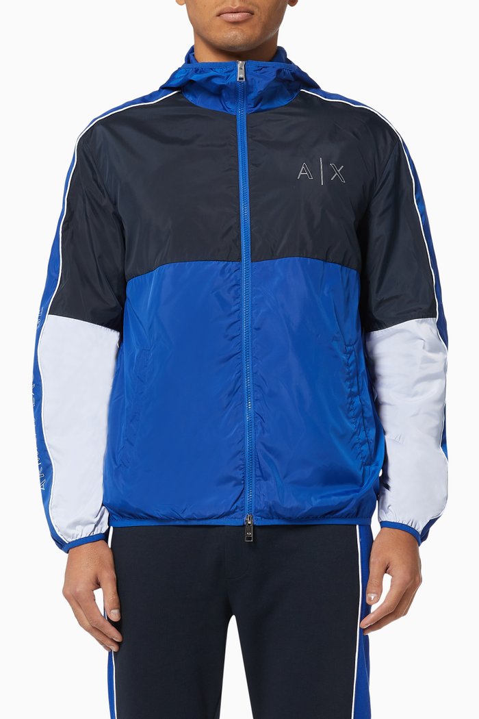 

AX Contrast Piping Hooded Windbreaker, Blue