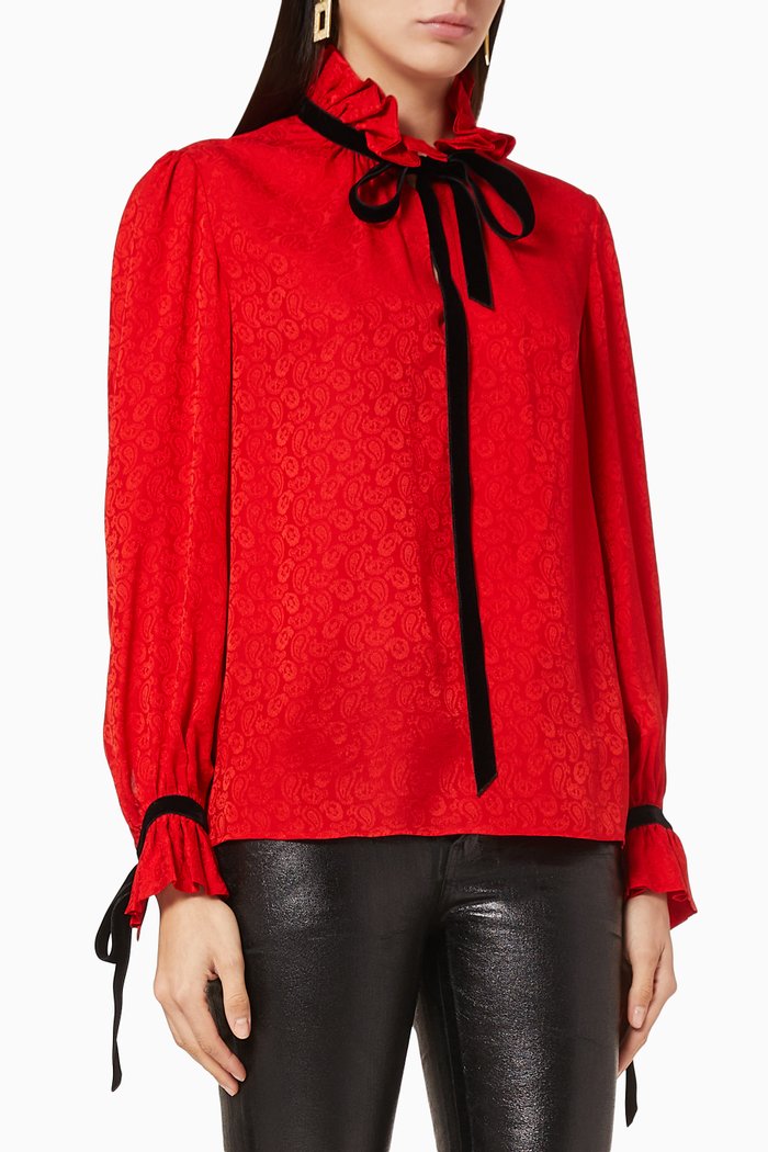 

Floral Silk Jacquard Blouse, Red