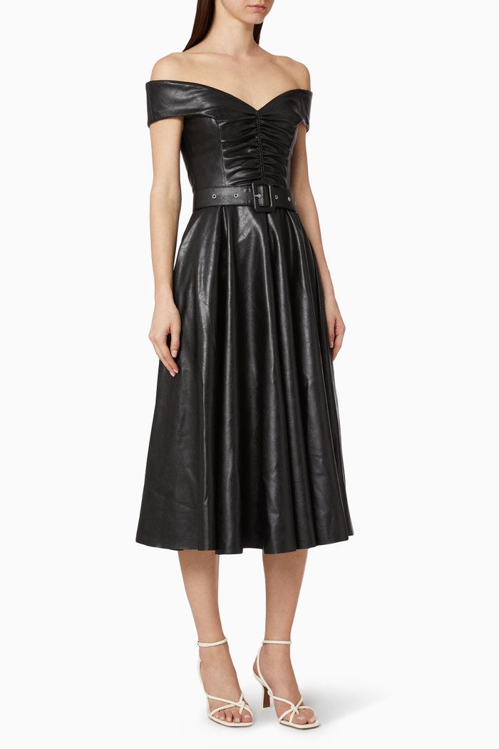 

Vegan Leather Belted Dress, Black
