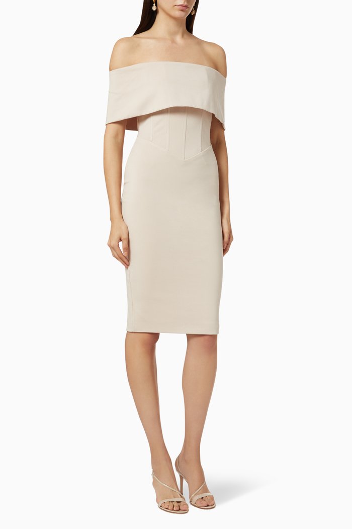 

Corset-Style Bardot Midi Dress, Neutral