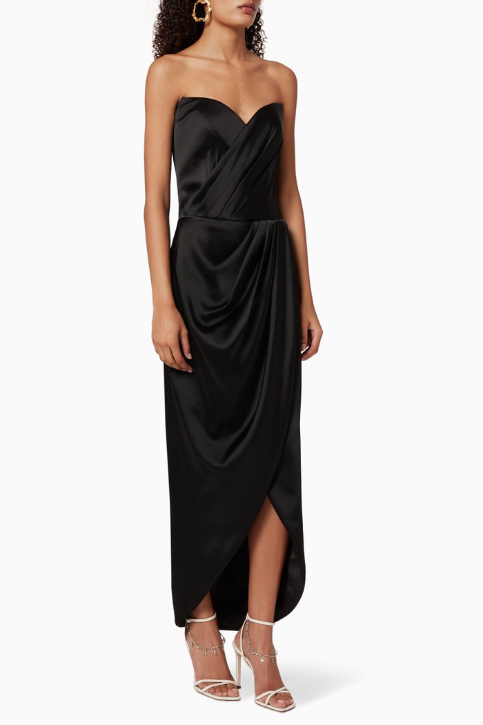 

Draped Satin Corset Midi Dress, Black