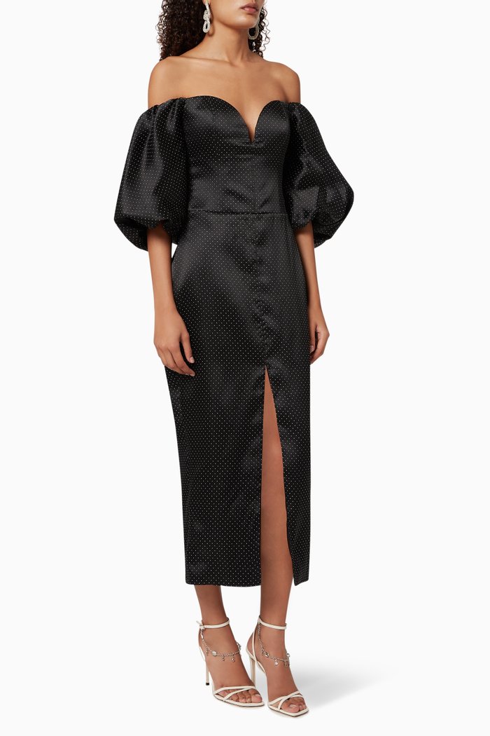 

Puff-Sleeve Silk Organza Corset Midi Dress, Black