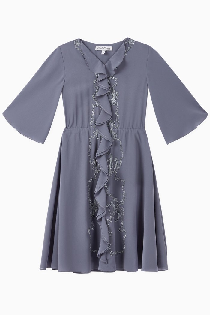 

Embroidered Ruffle Chiffon Kaftan, Blue