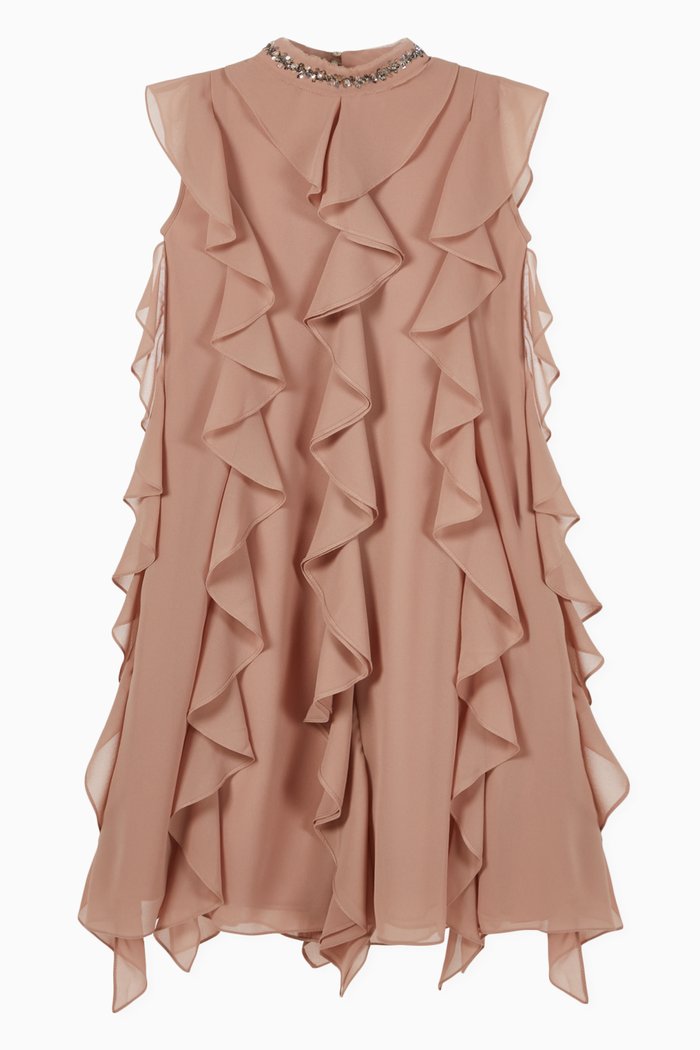 

Embroidered Ruffle Chiffon Dress, Neutral
