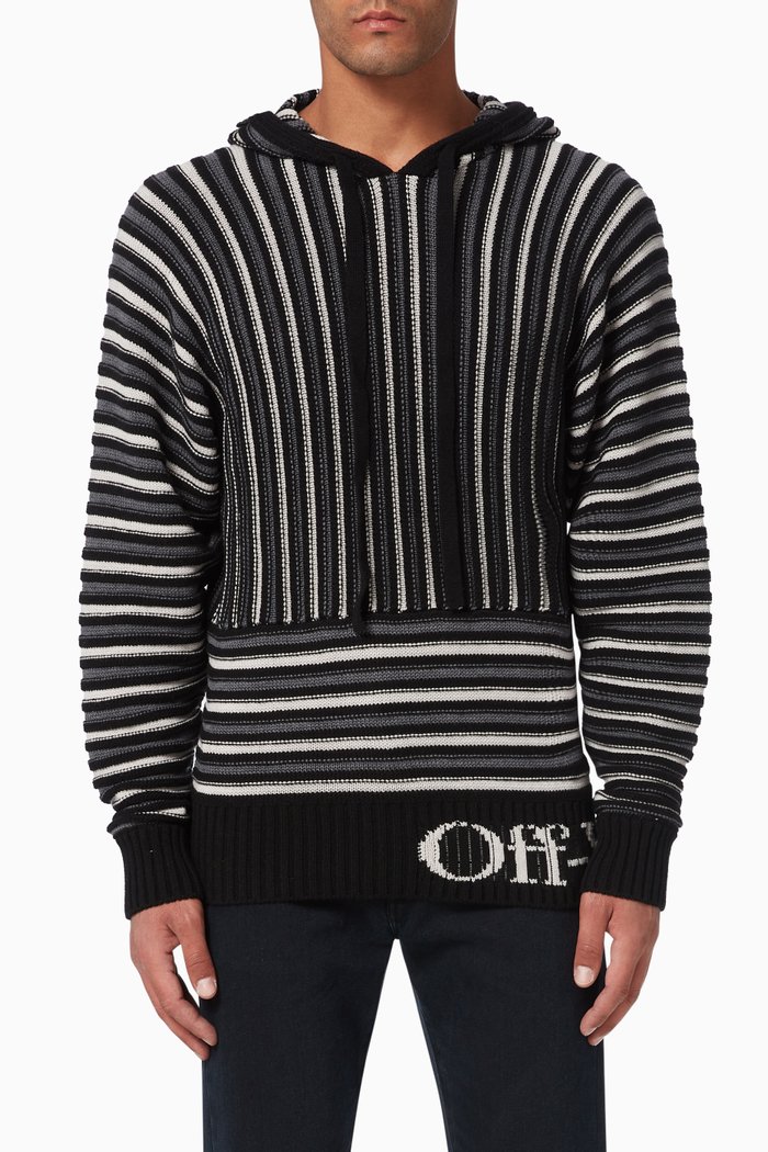 

Striped Plissé Hooded Wool Sweater, Black