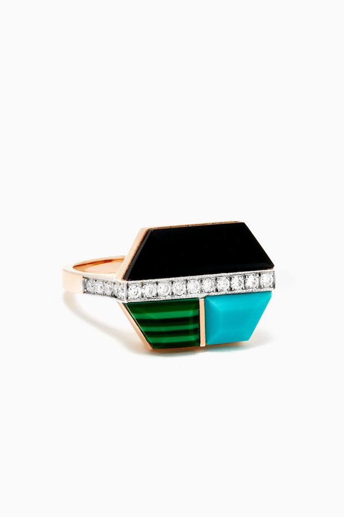 

Deep Space Onyx Malachite & Turquoise Diamond Ring in 14kt Rose Gold