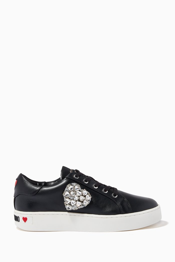 

Jeweled Heart Sneakers in Leather, Black