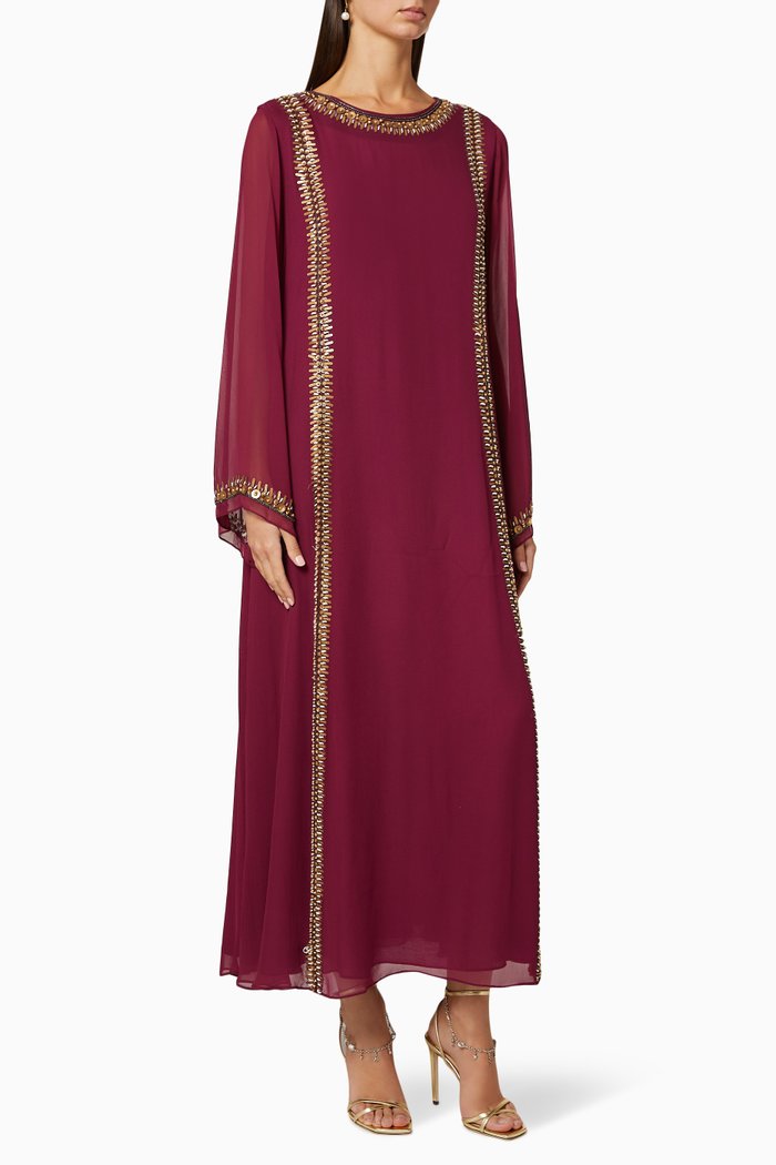 Bead Embellished Chiffon Dress, Burgundy