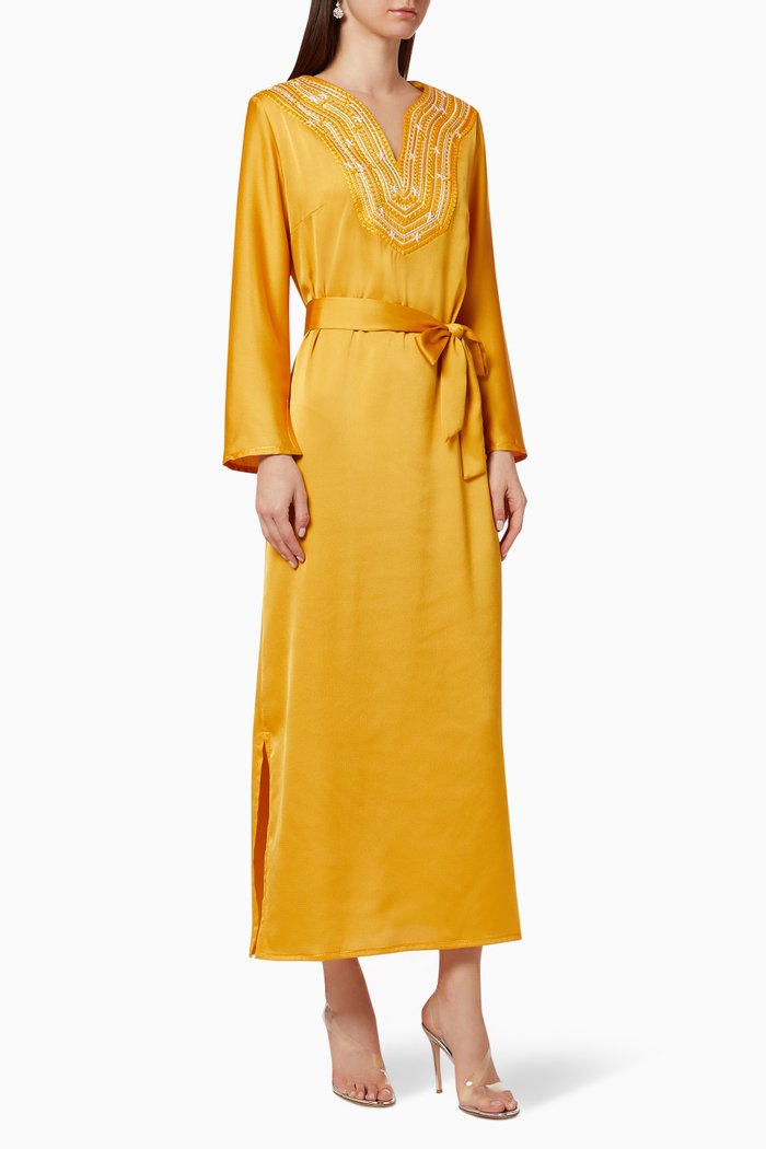 

Embroidered Satin Belted Dress, Yellow