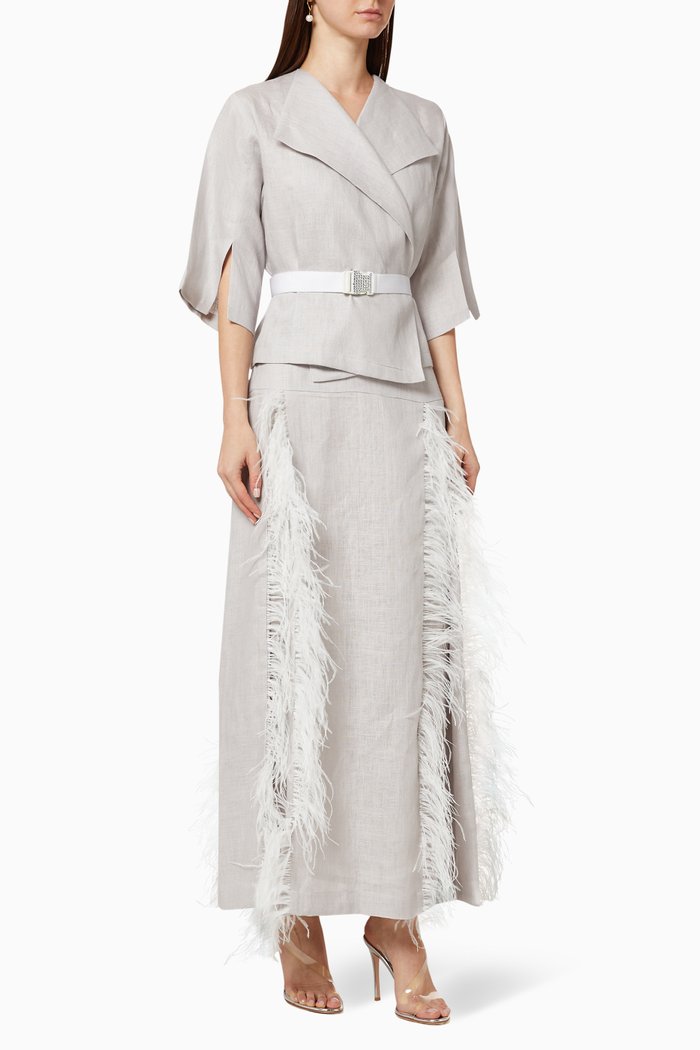 

Feather Belted Linen Skirt Suit, Grey