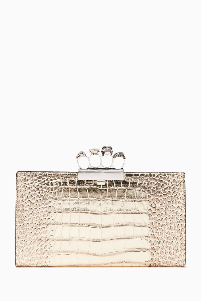 

Skull Four Ring Flat Pouch in Metallic Croc-Embossed Calfskin, Gold