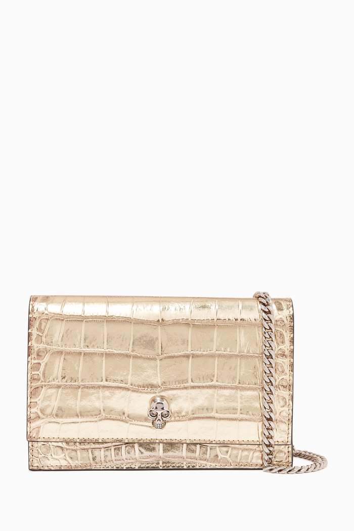 

Small Skull Bag in Metallic Croc-Embossed Calfskin, Gold