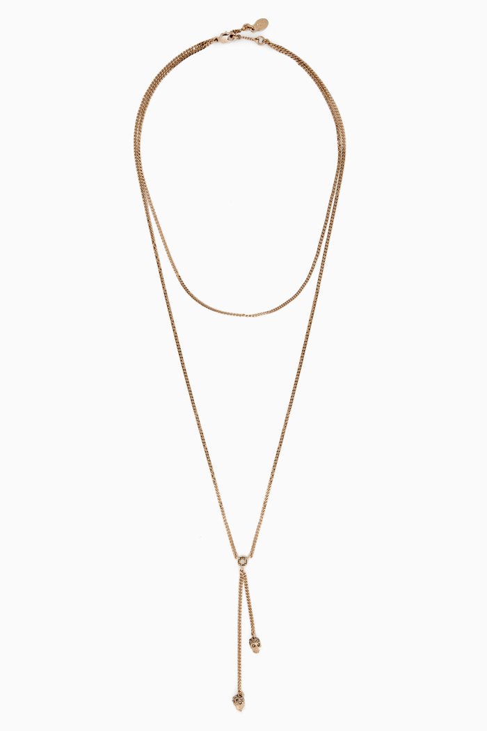 

Double-Wrap Pavé Skull Necklace, Gold