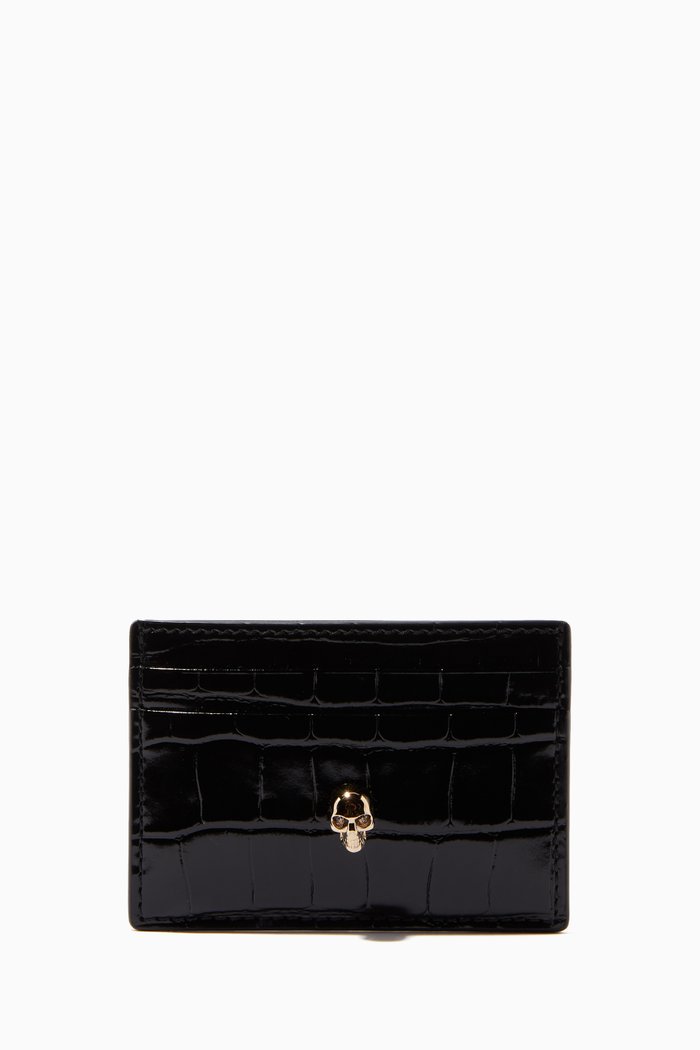 

Skull Card Holder in Shiny Croc Embossed Leather, Black
