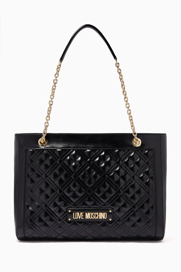 

Logo Quilted Shopper Bag in PU Leather, Black