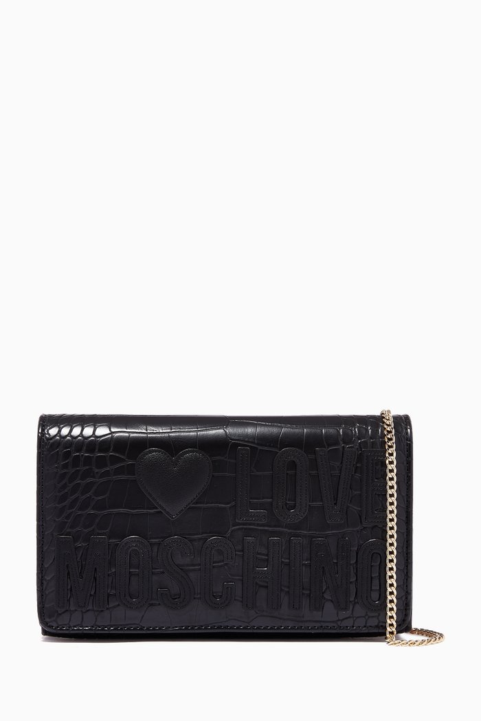 

Logo Crossbody Bag in Croc-Embossed PU Leather, Black