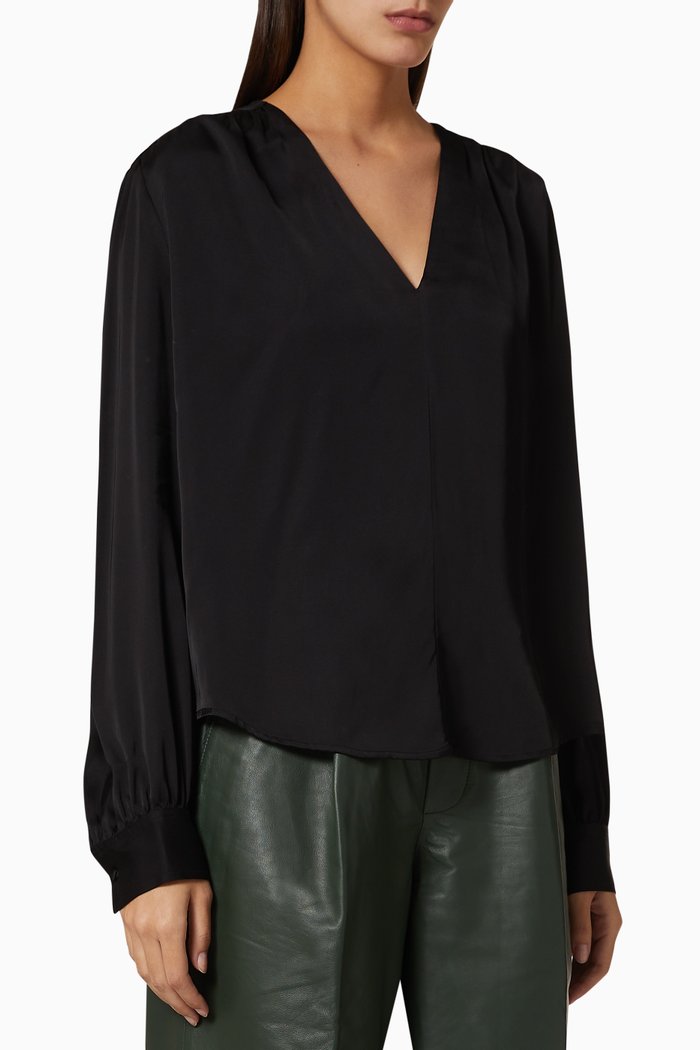 

Straw Long-Sleeve Blouse, Black