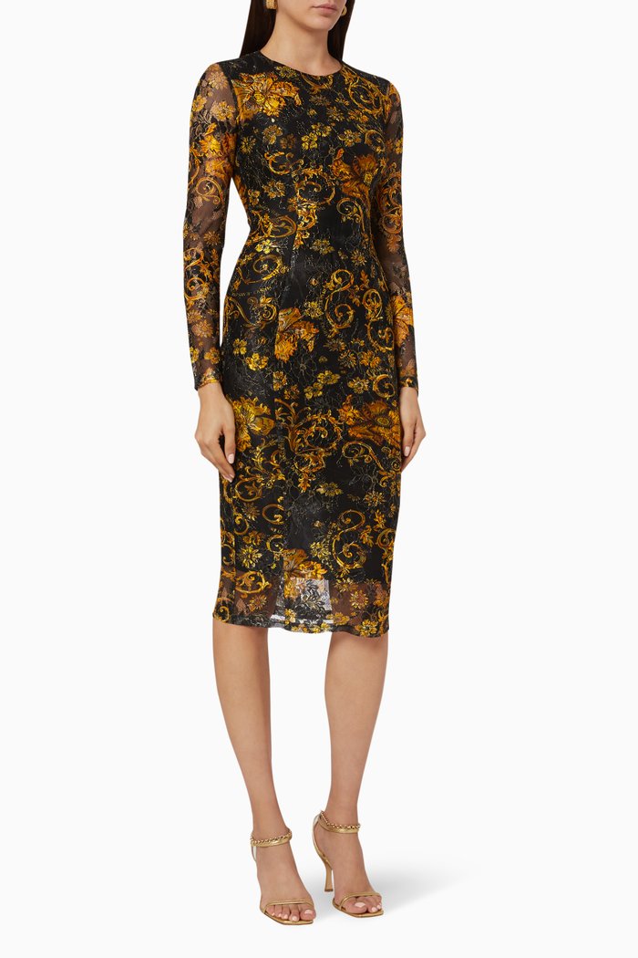 

Logo Baroque Mesh Midi Dress, Black