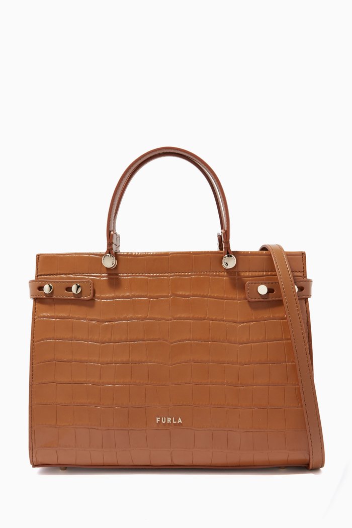 

Furla Lady M Tote Bag in Croc-embossed Leather, Brown