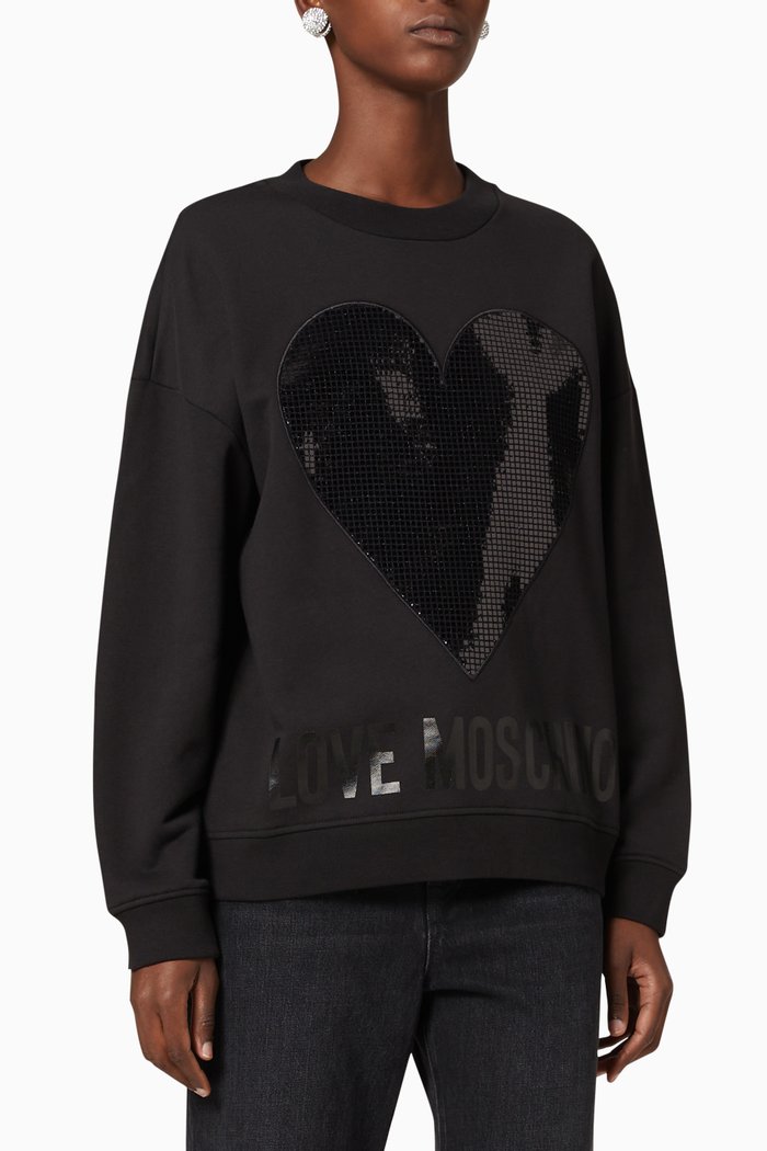 

Embellished Heart Logo Cotton Sweatshirt, Black