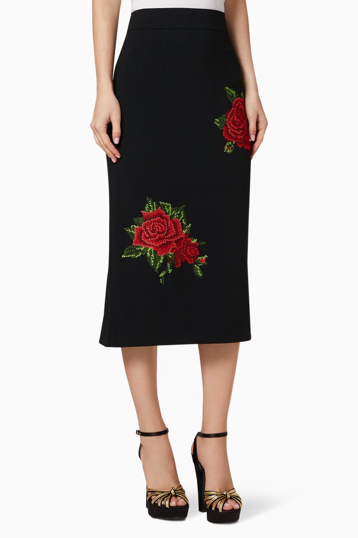 

Rose Embroidered Pencil Skirt, Black