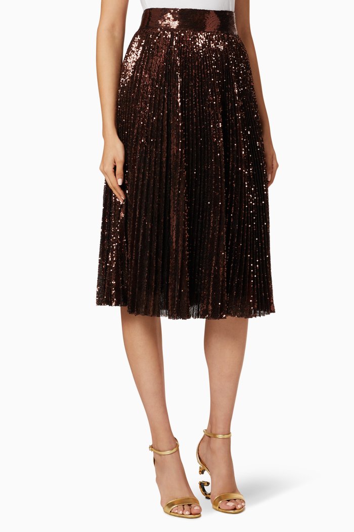 

Sequin Plisse Midi Skirt, Brown