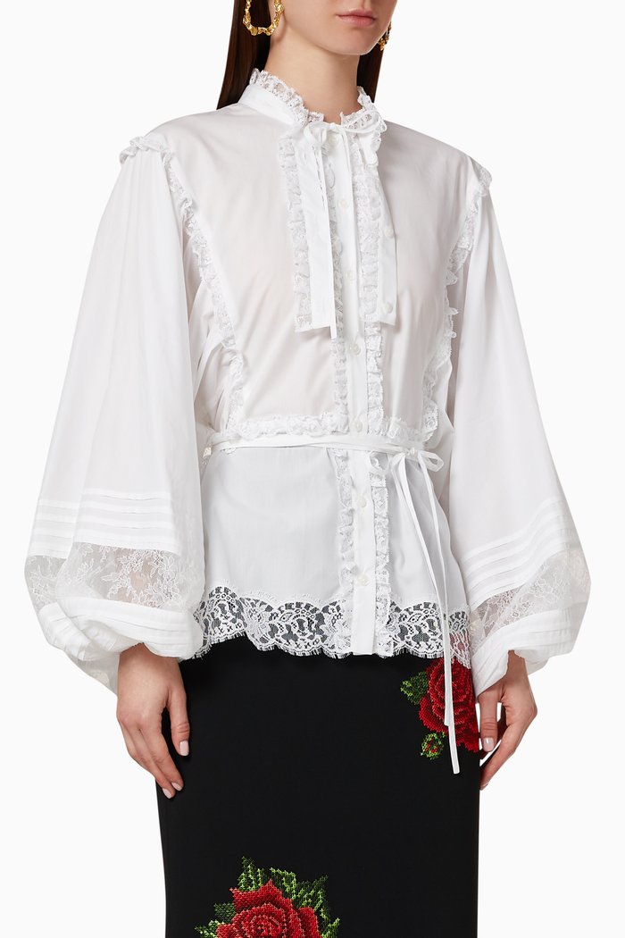 

Puffed Sleeve Belted Poplin Top, White
