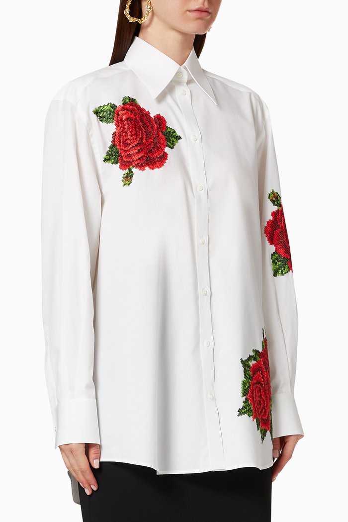 

Rose Embroidered Poplin Shirt, White