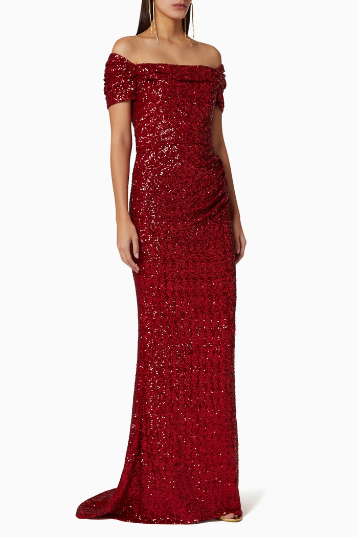 

Sequinned Off-The-Shoulder Gown, Red