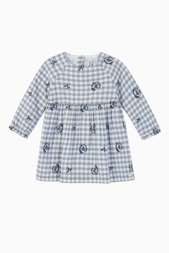 

Embroidered Gingham Cotton Dress, Blue