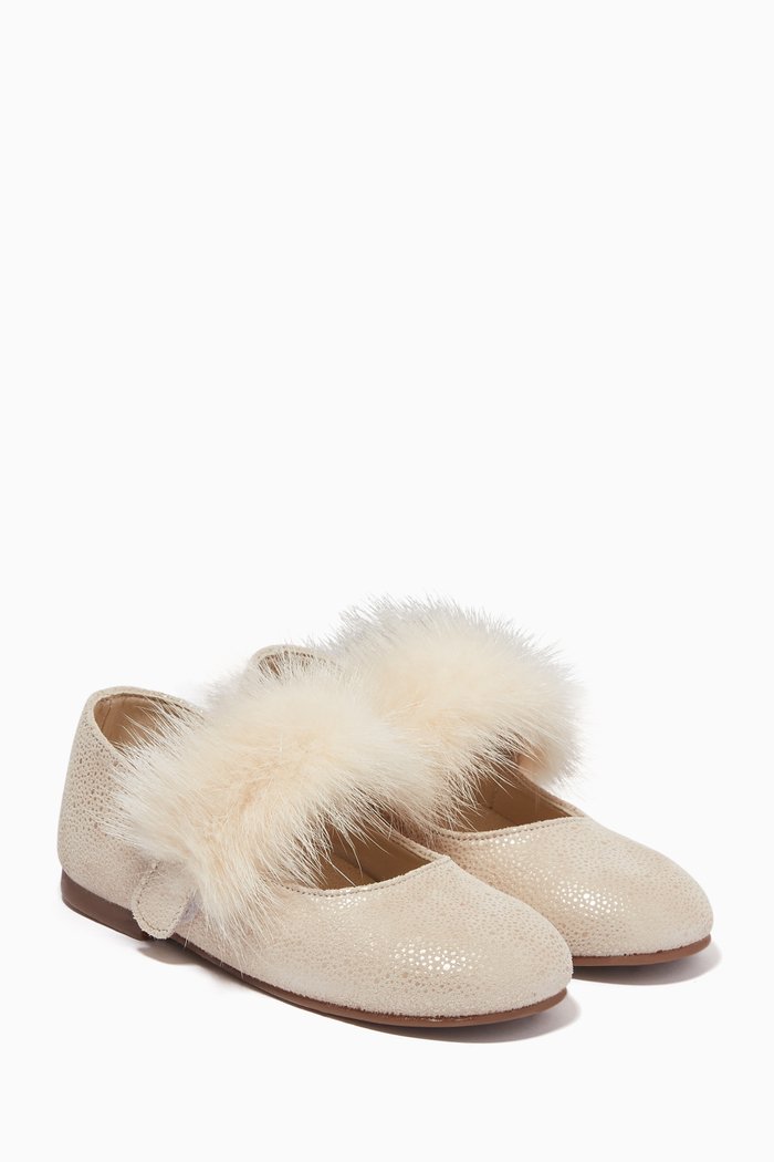 Fur Ballerinas in Metallic Leather, Neutral