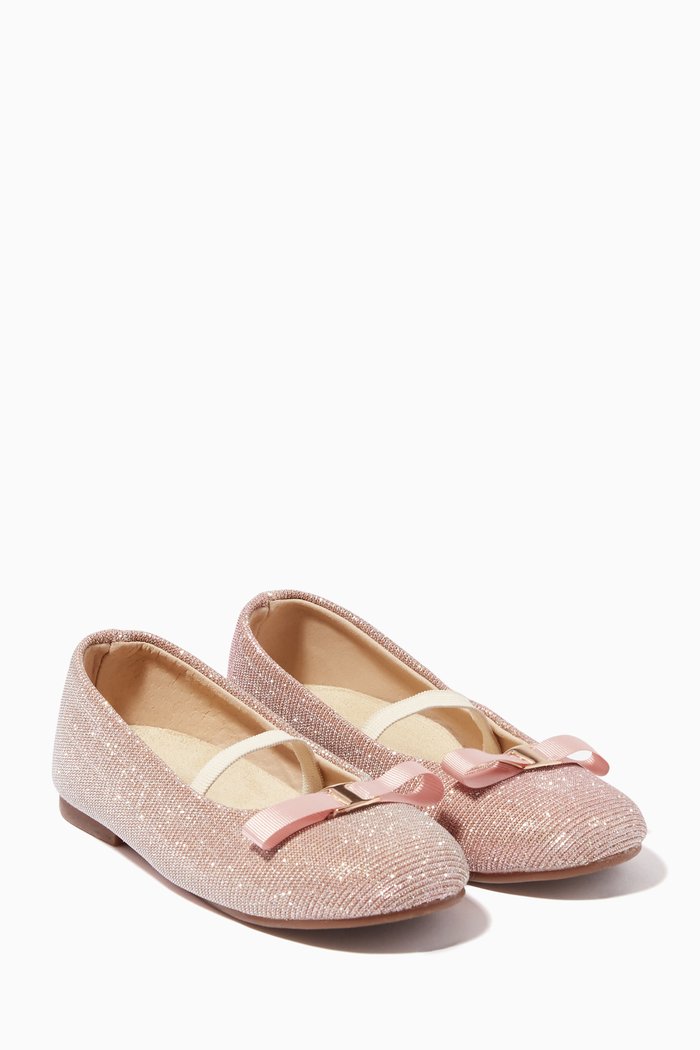 

Grosgrain Bow Ballerinas in Glitter Fabric, Pink