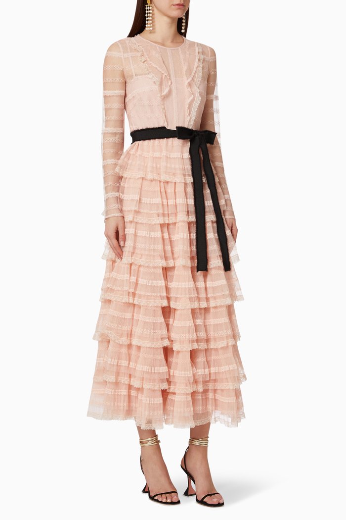 

Tiered Lace Belted Dress, Pink