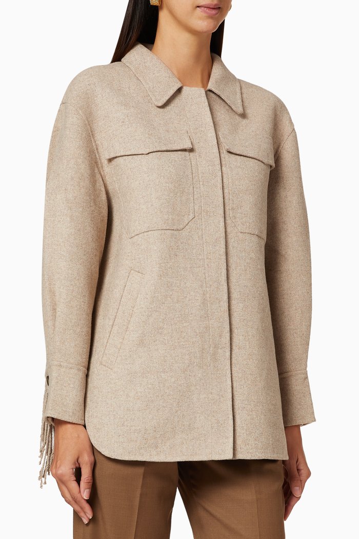 

Fringe Detail Wool Overshirt, Neutral