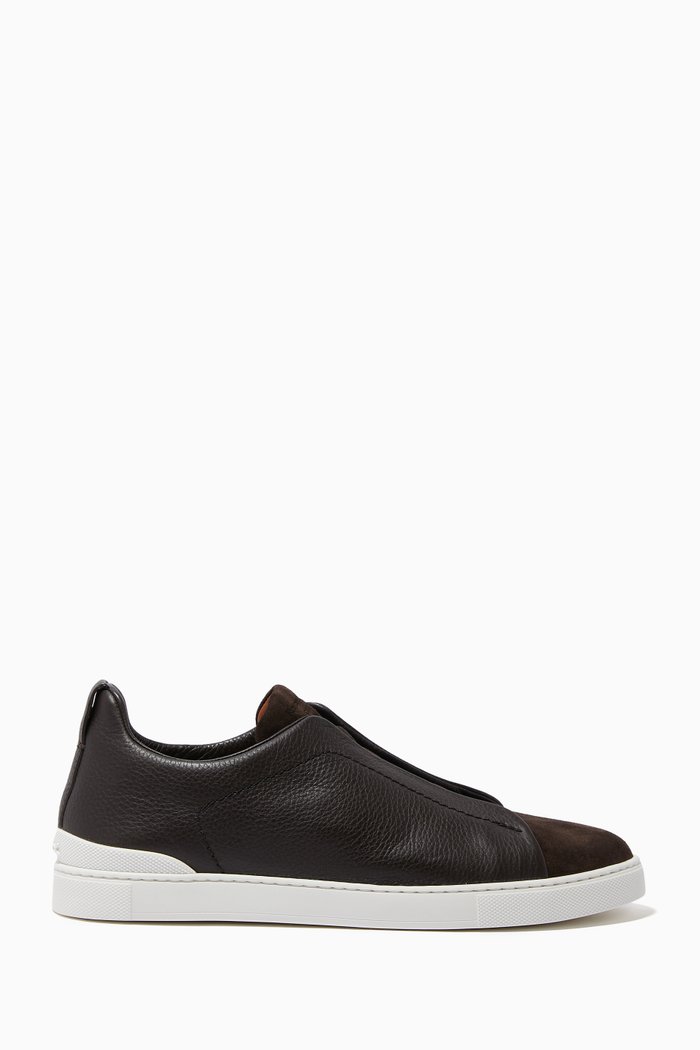 Triple Stitch Sneakers in Grained Calfskin Leather & Suede, Brown