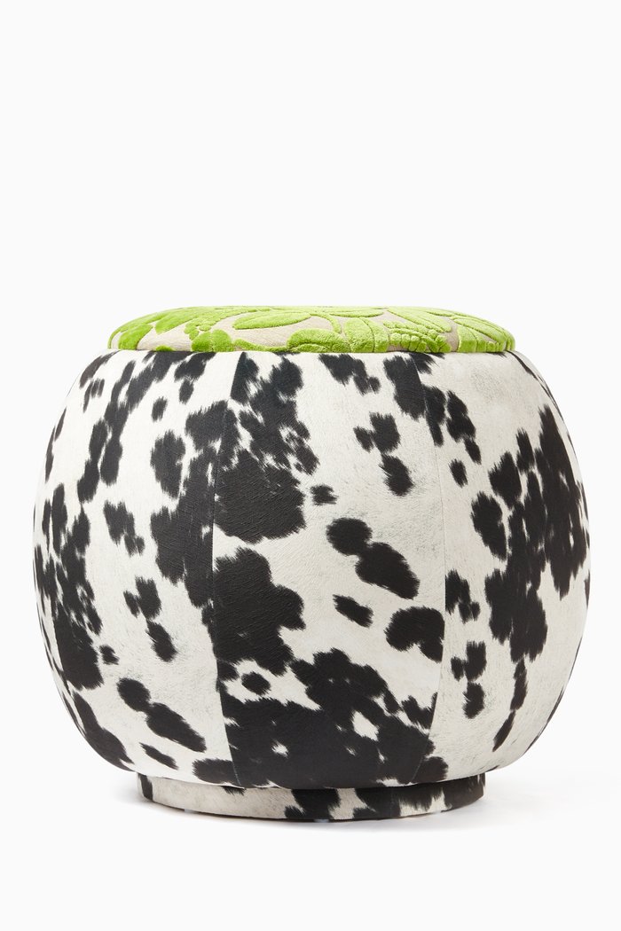 Cow & Floral Print Velvet Jacquard Queen Pouf, Multicolour