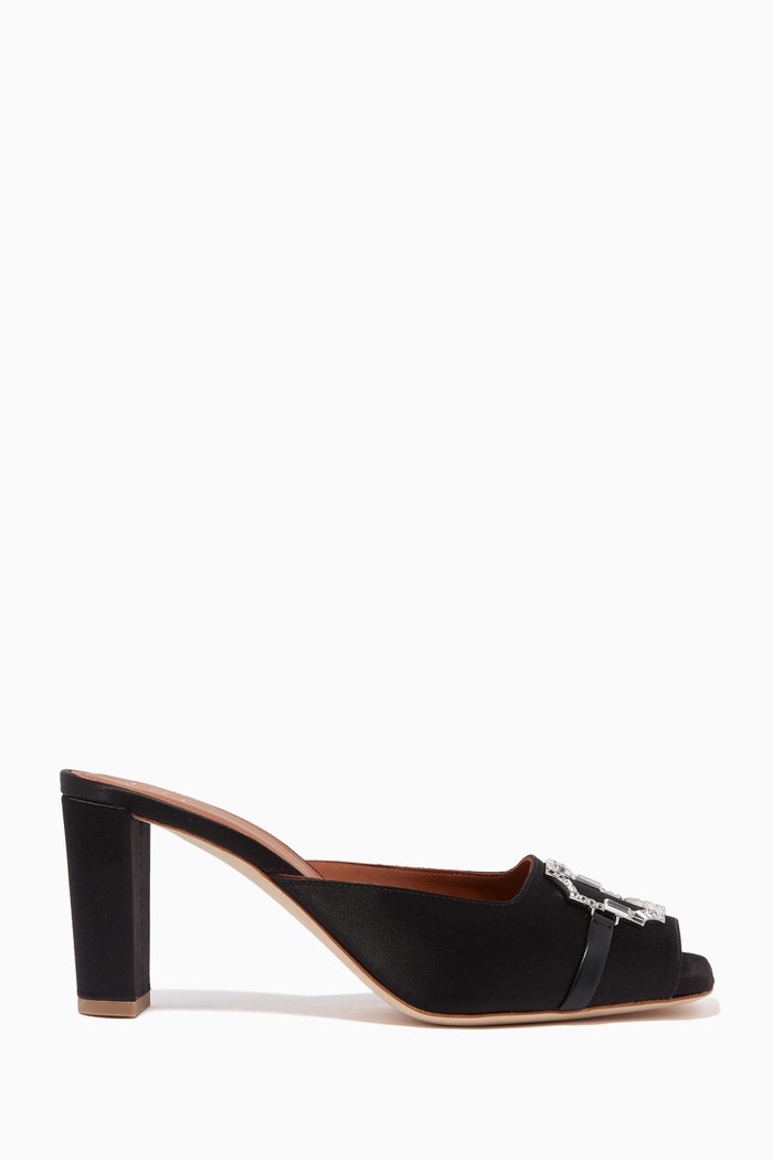 Myra 70 Brooch Mules in Satin, Black