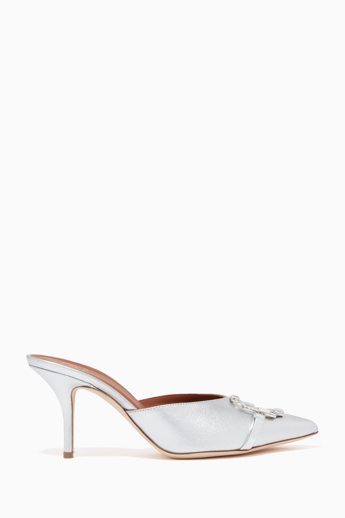 

Missy 70 Brooch Mules in Metallic Satin, Silver