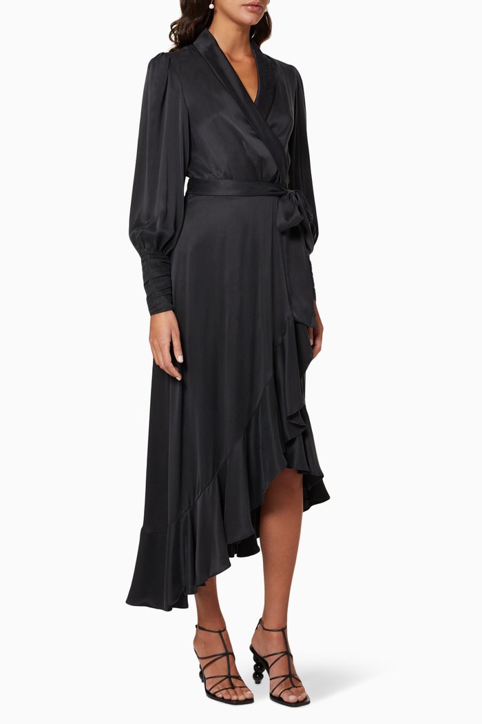 

Silk Wrap Midi Dress, Black