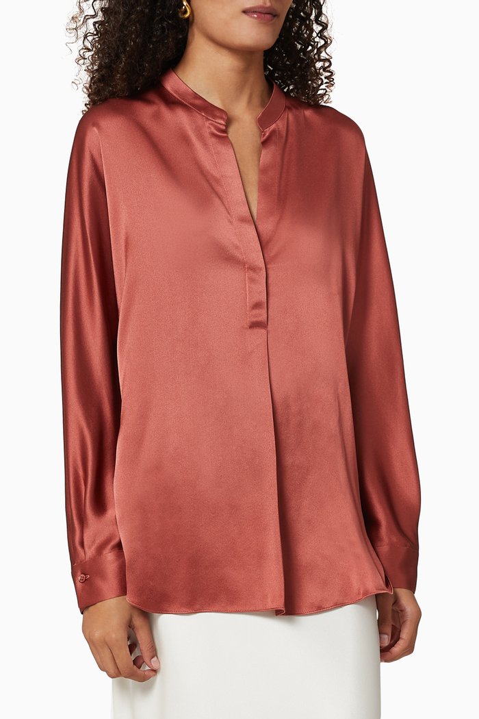 

Silk Satin Band Collar Blouse, Red