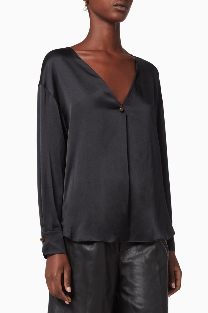 Ball Button Silk Crepe Blouse, Black