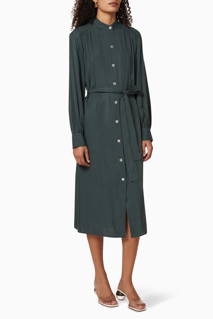 

Belted Shirred Silk Twill Dress, Green