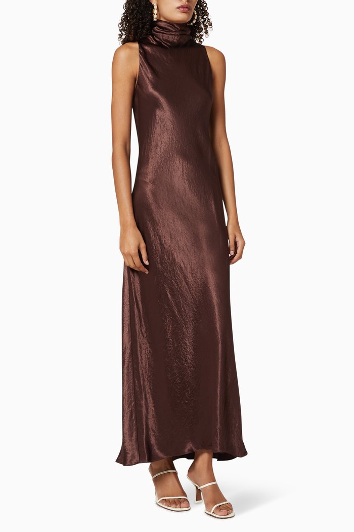 

Turtleneck Tie Satin Dress, Brown