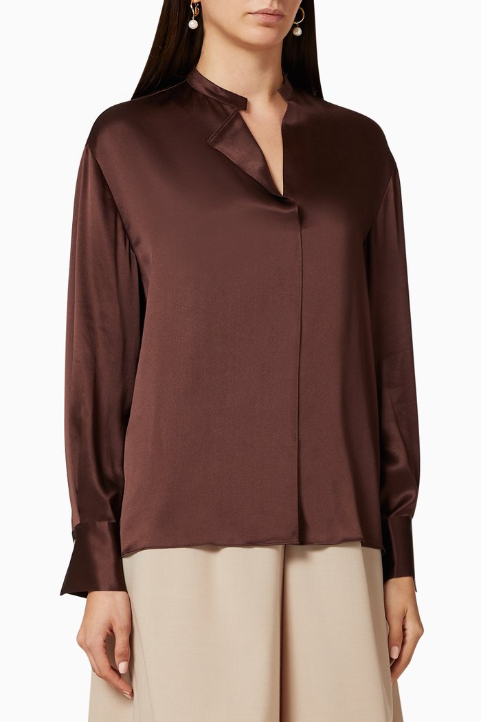 

Band Collar Silk Satin Blouse, Brown